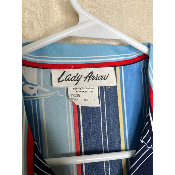 1970s Lady Arrow Nautical Stripe Patriotic Coastal Sailboat Open Collar Shirt M - Picture 2 of 5